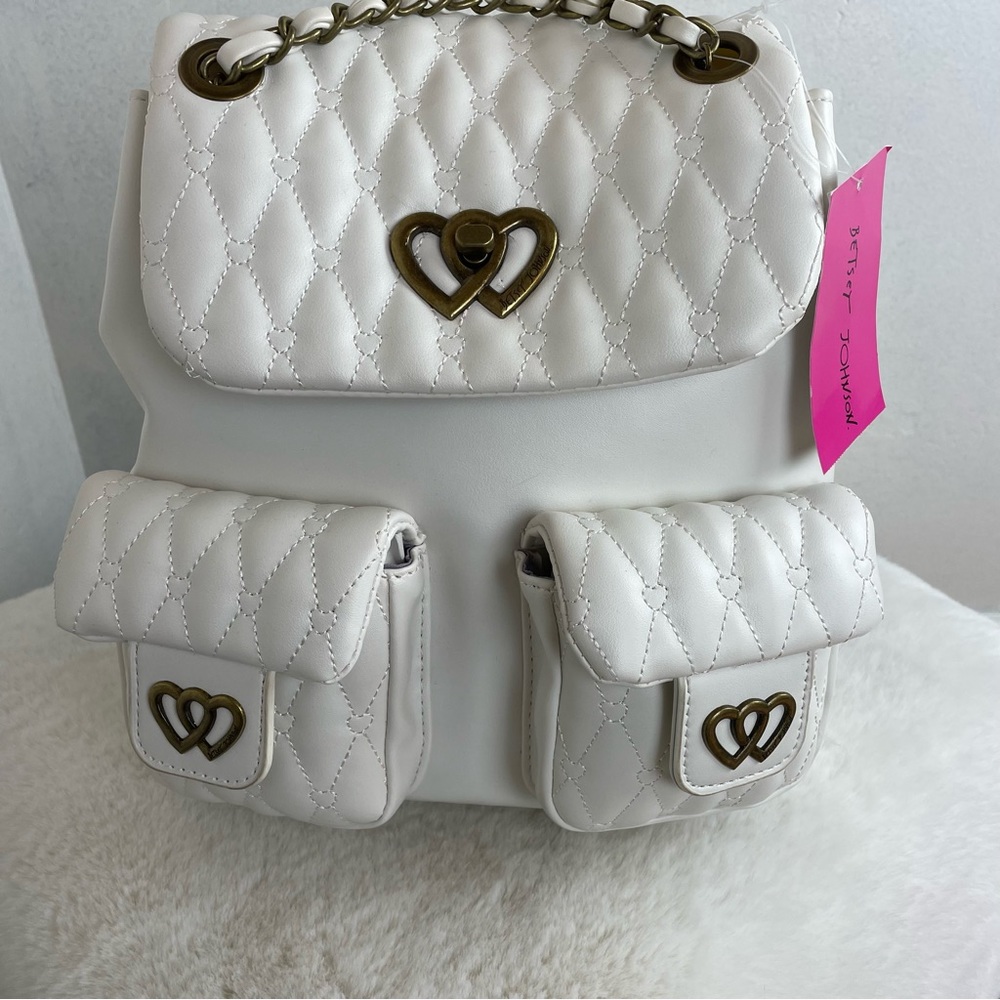 Betsey Johnson White Quilted Heart Accent Backpack